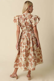 Beige Puff Sleeve Floral Midi Dress