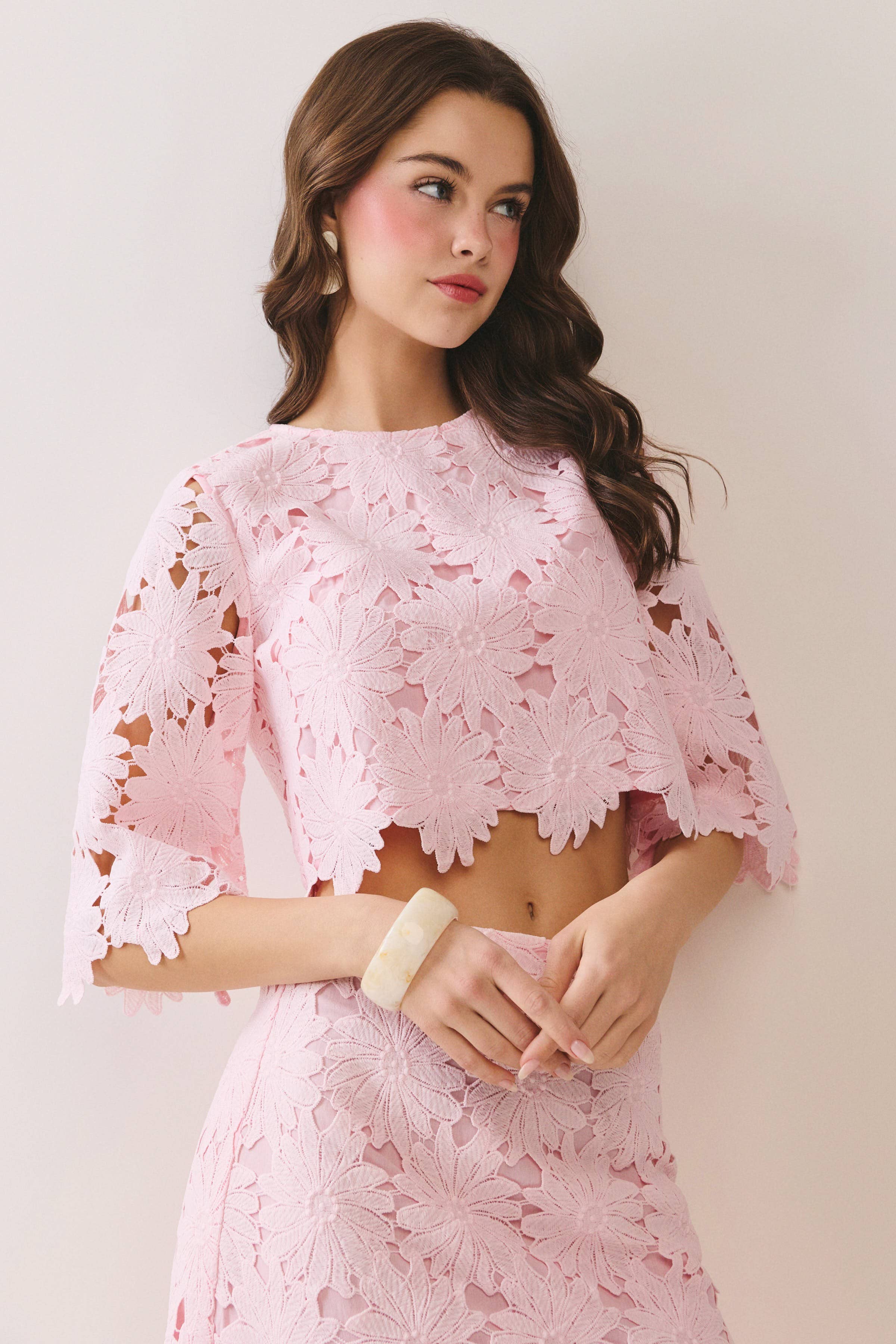 Pink Floral Lace Cropped Top