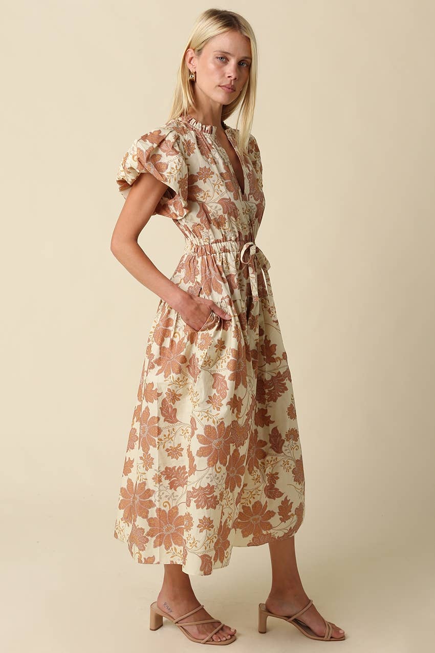 Beige Puff Sleeve Floral Midi Dress
