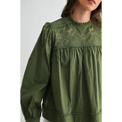 Green Puff Sleeve Embroidered Blouse