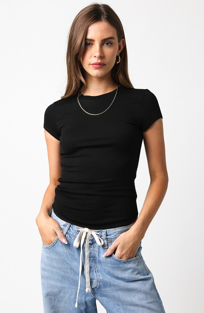 Black Ribbed Cap Sleeve Tee