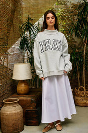 Gray Pray Embroidered Mock Neck