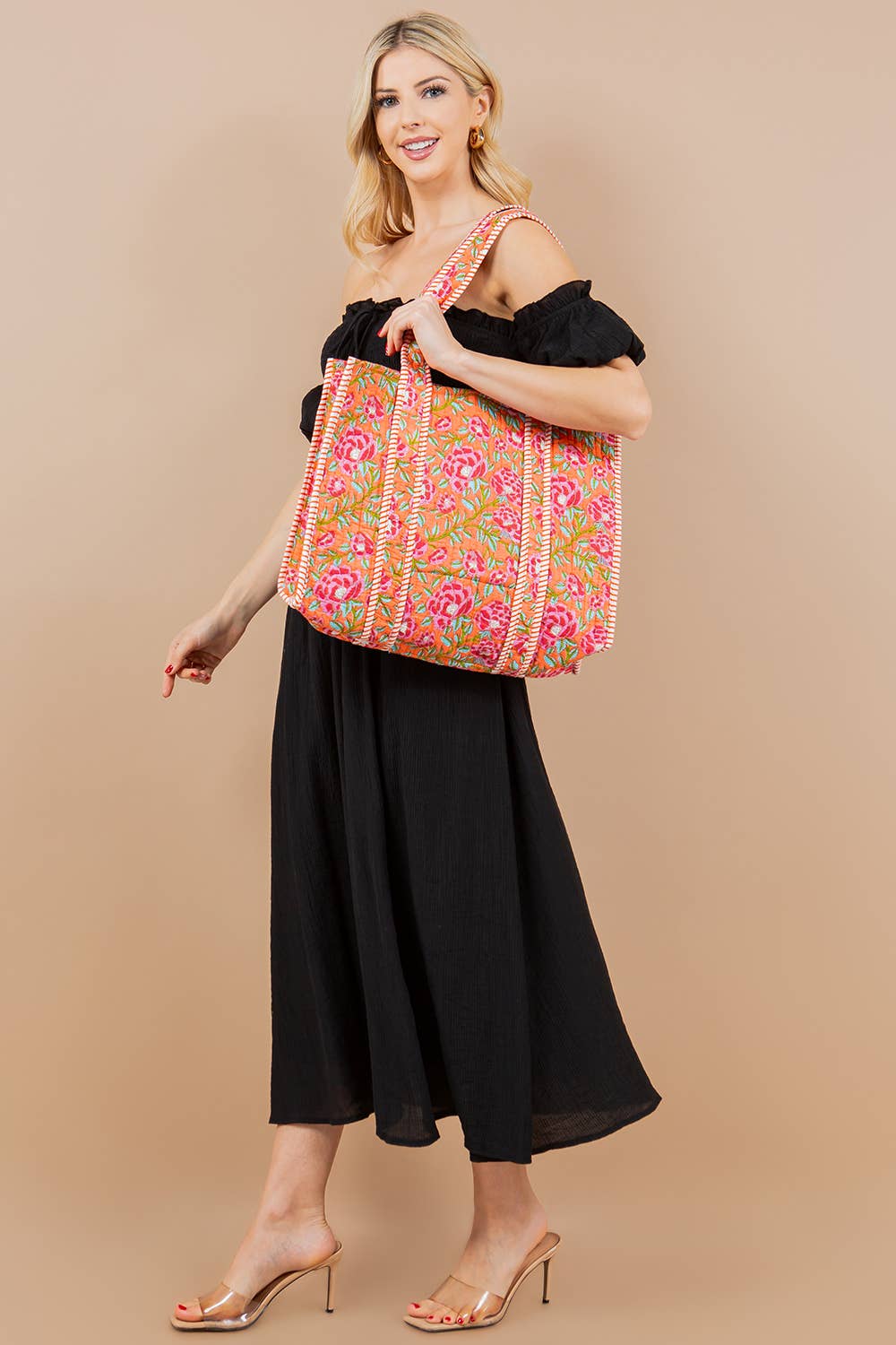 Orange Floral Quilted Tote Bag