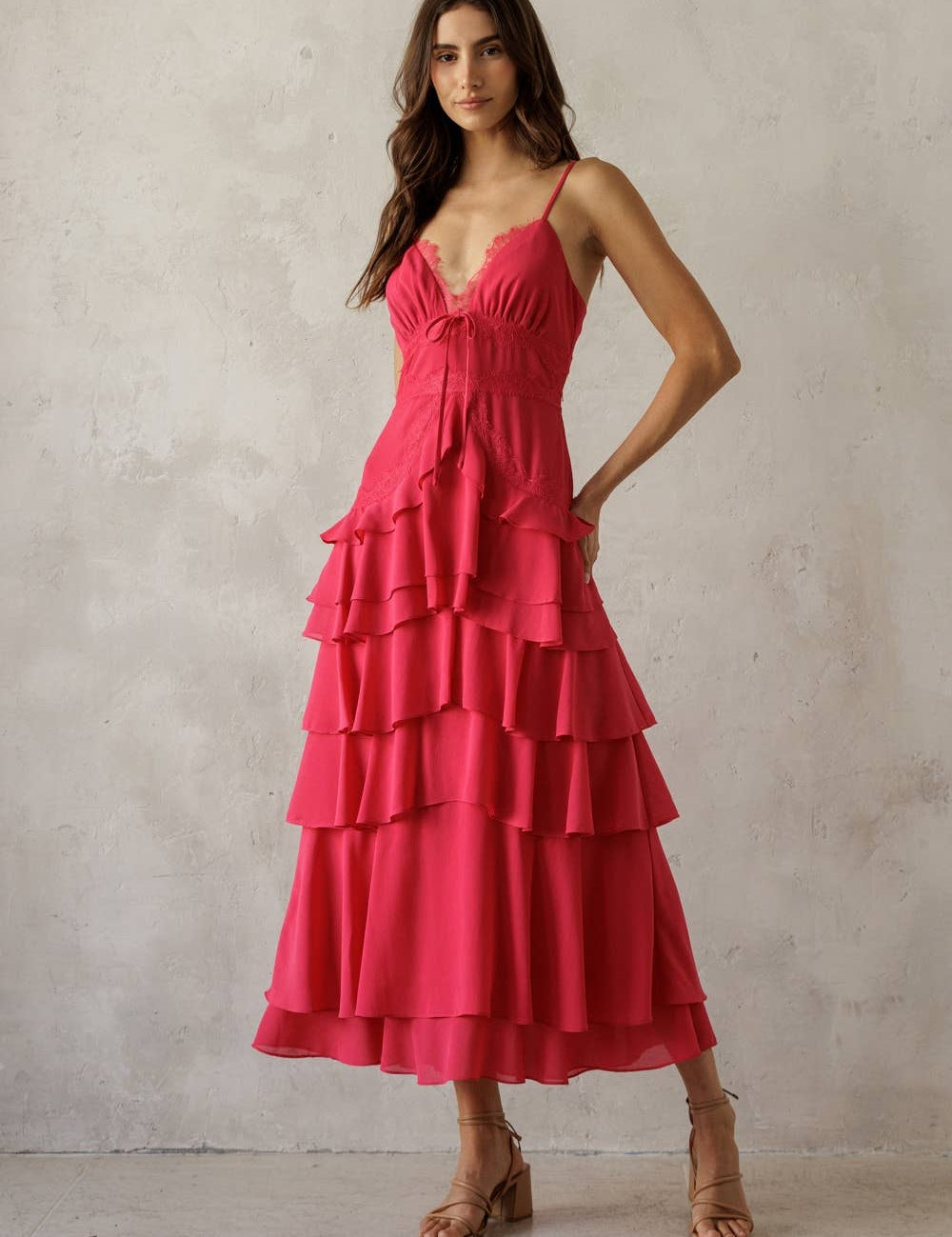 Pink Lace Trim Tiered Midi Dress