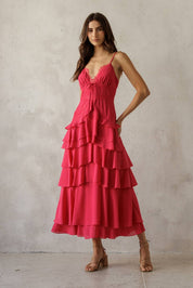 Pink Lace Trim Tiered Midi Dress