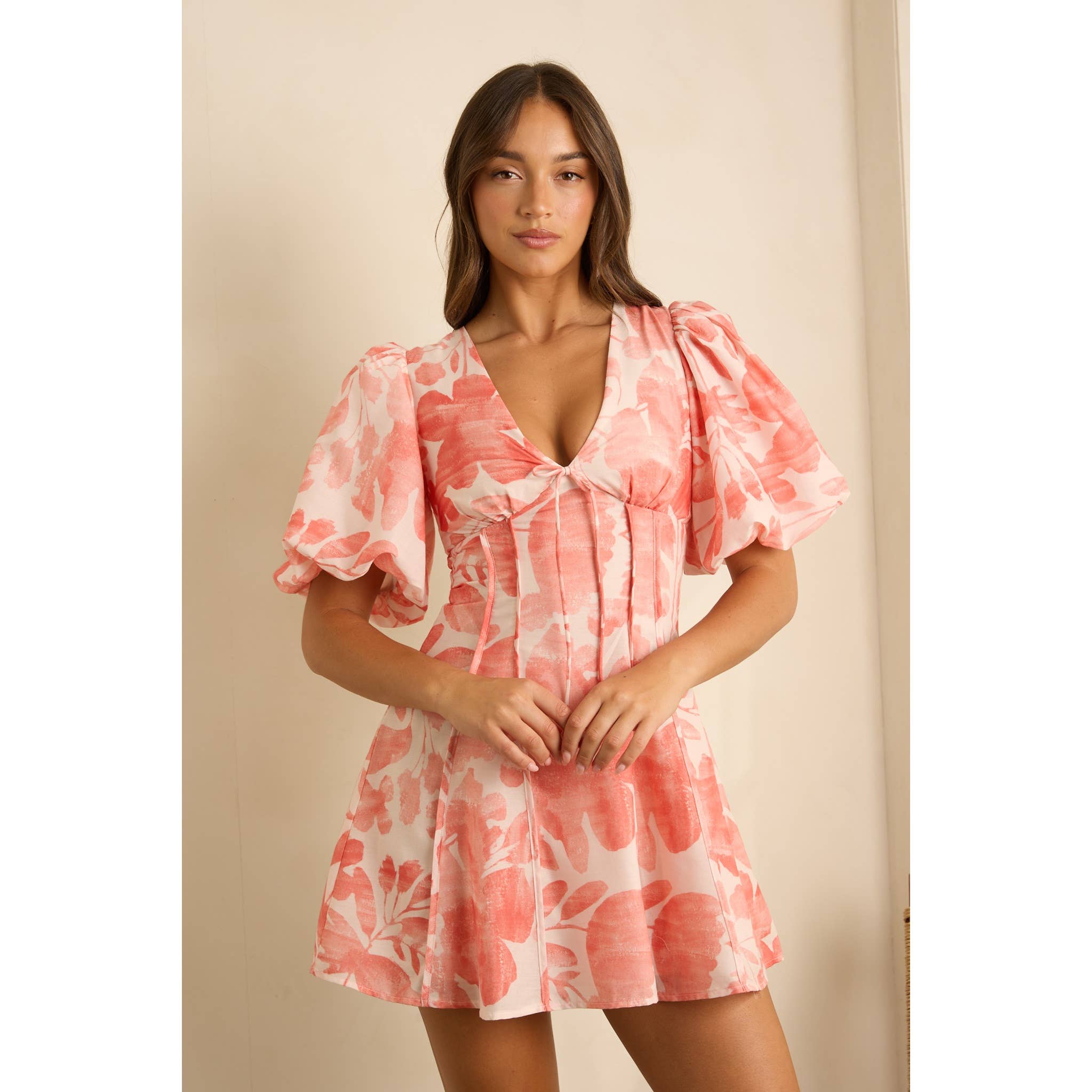 Pink Puff Sleeve Floral Mini Dress