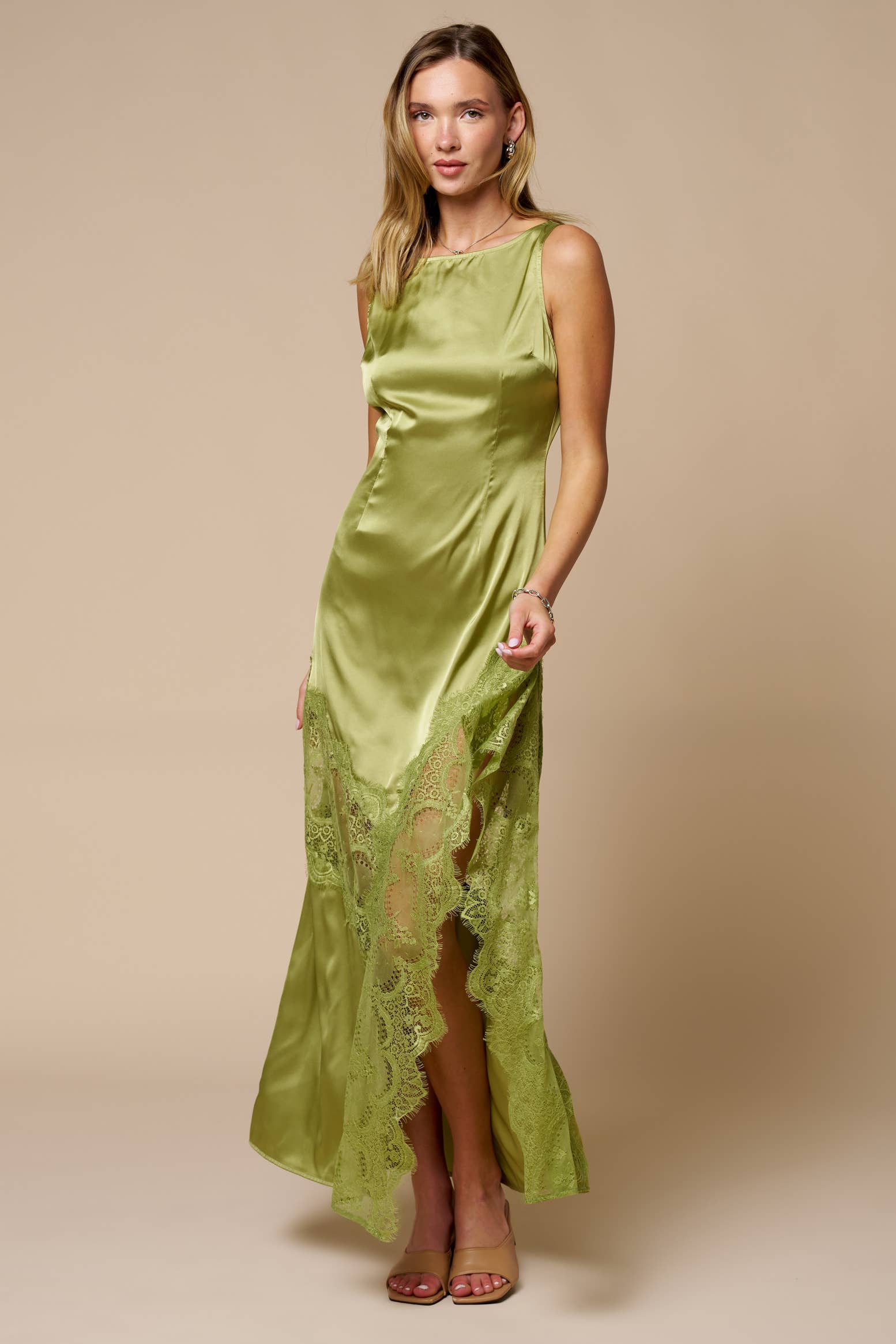 Green Lace Trim Slit Maxi Dress