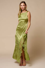 Green Lace Trim Slit Maxi Dress