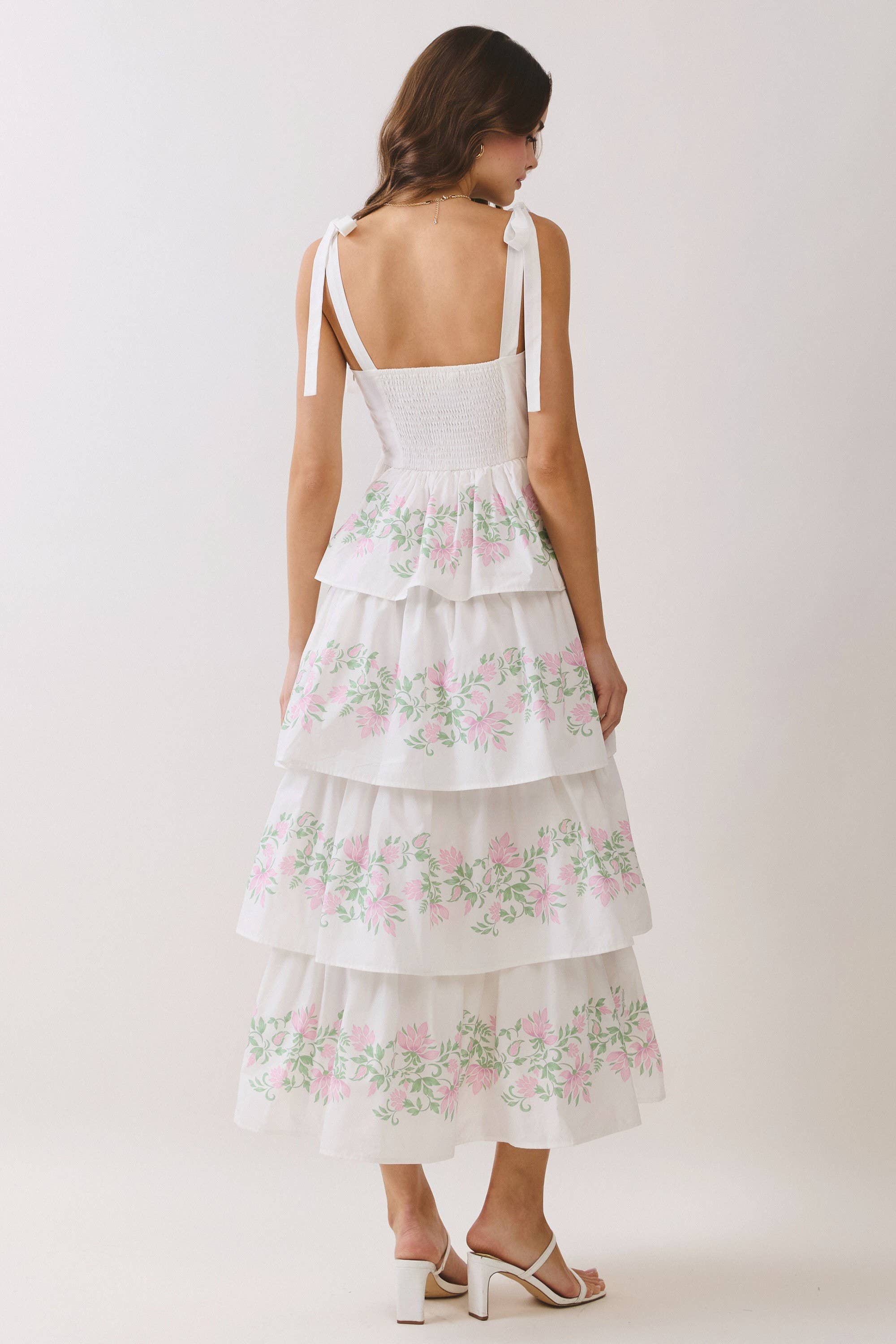 White Floral Ribbon Tiered Maxi Dress