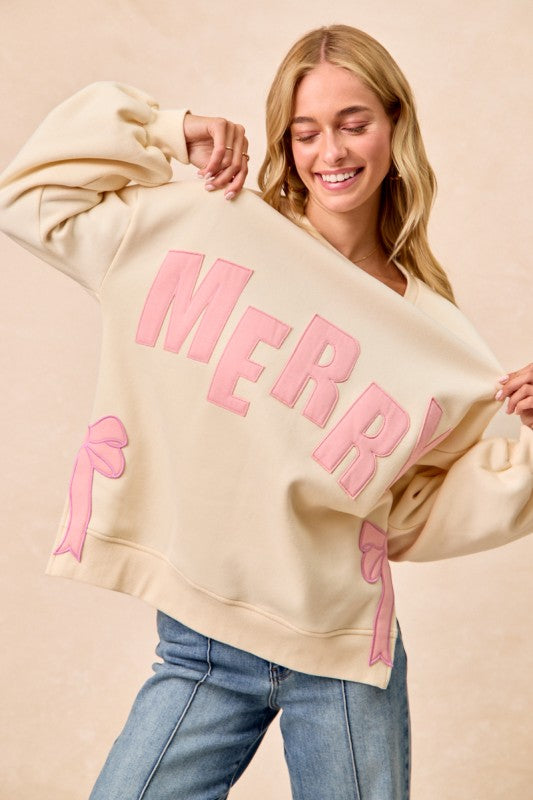Cream/Pink Merry Christmas Sweatshirt