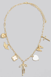 Heart Cross Angel Ribbon And Angel Charms Chain Necklace: GDWHT