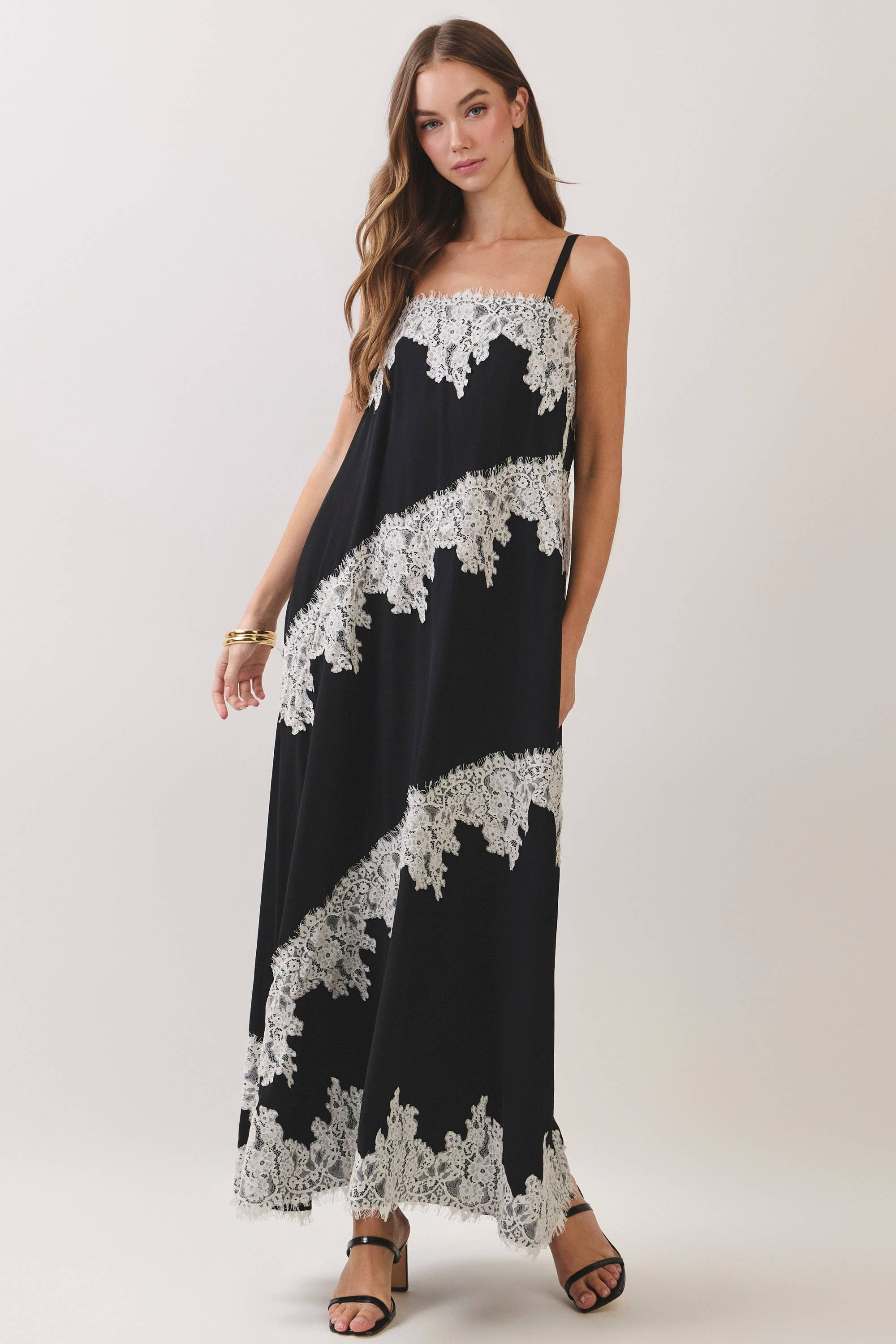 Black Contrast Lace Trim Maxi Dress