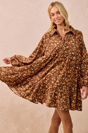 Brown Floral Print Corduroy Dress