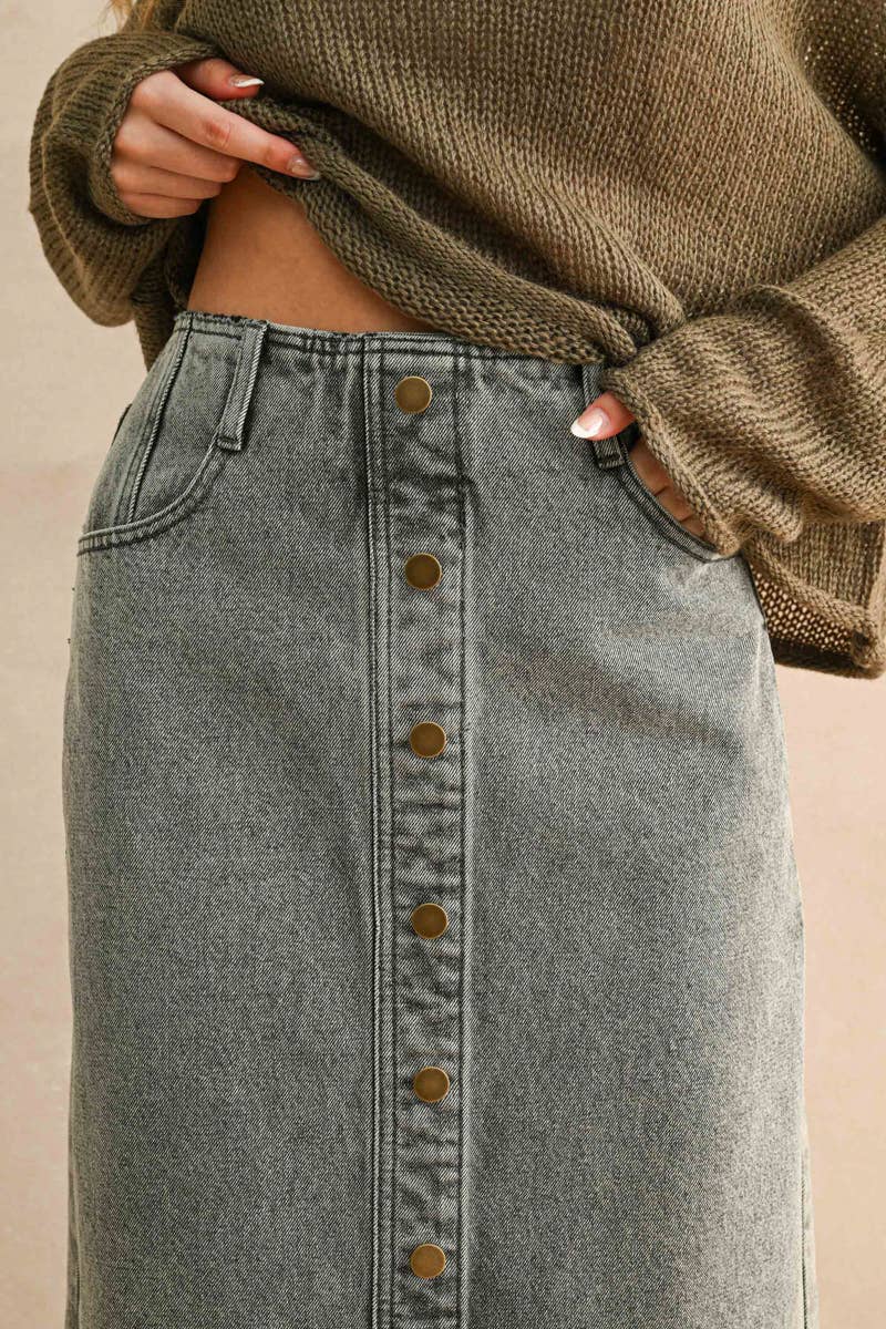 Gray Button Front Washed Skirt