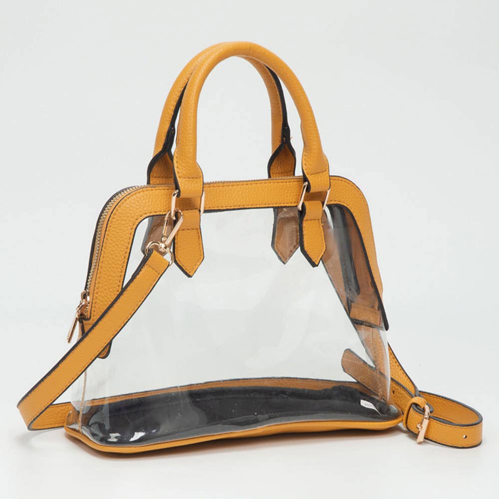 Faux Leather Trim Transparent Structured Top Handle Handbag / Crossbody Bag: Clear, Black