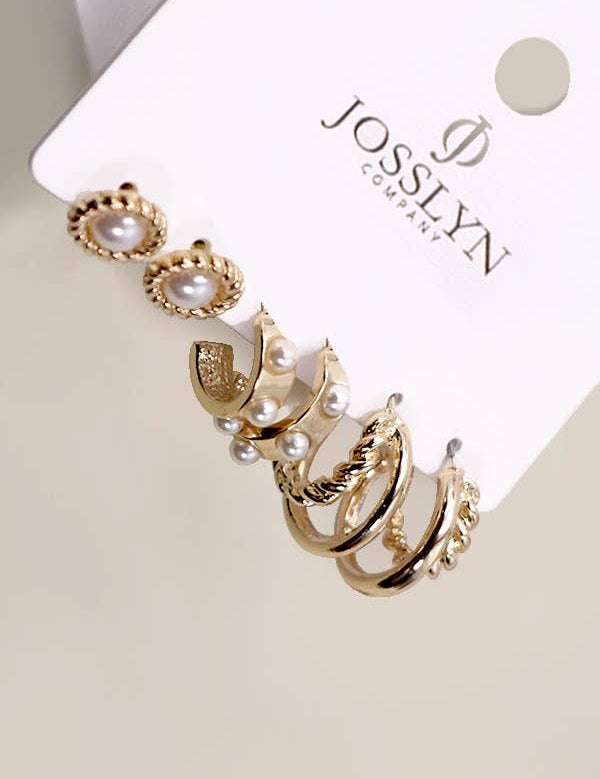 Gold Pearl Hoop Trio Earrings — length: .75", .5", .35" and width: .75", .5", .35"