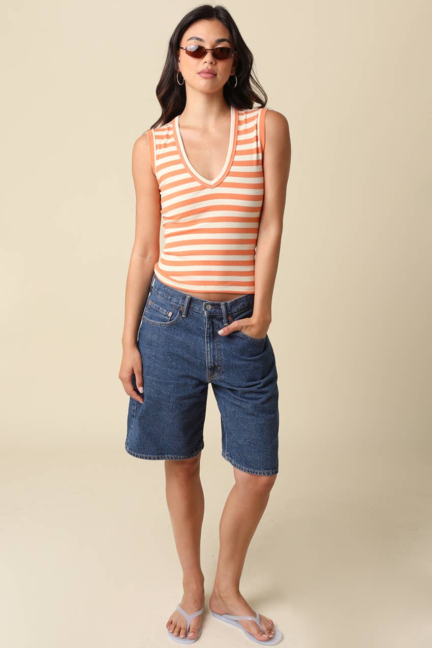 Orang & White Striped V-Neck Tank Top