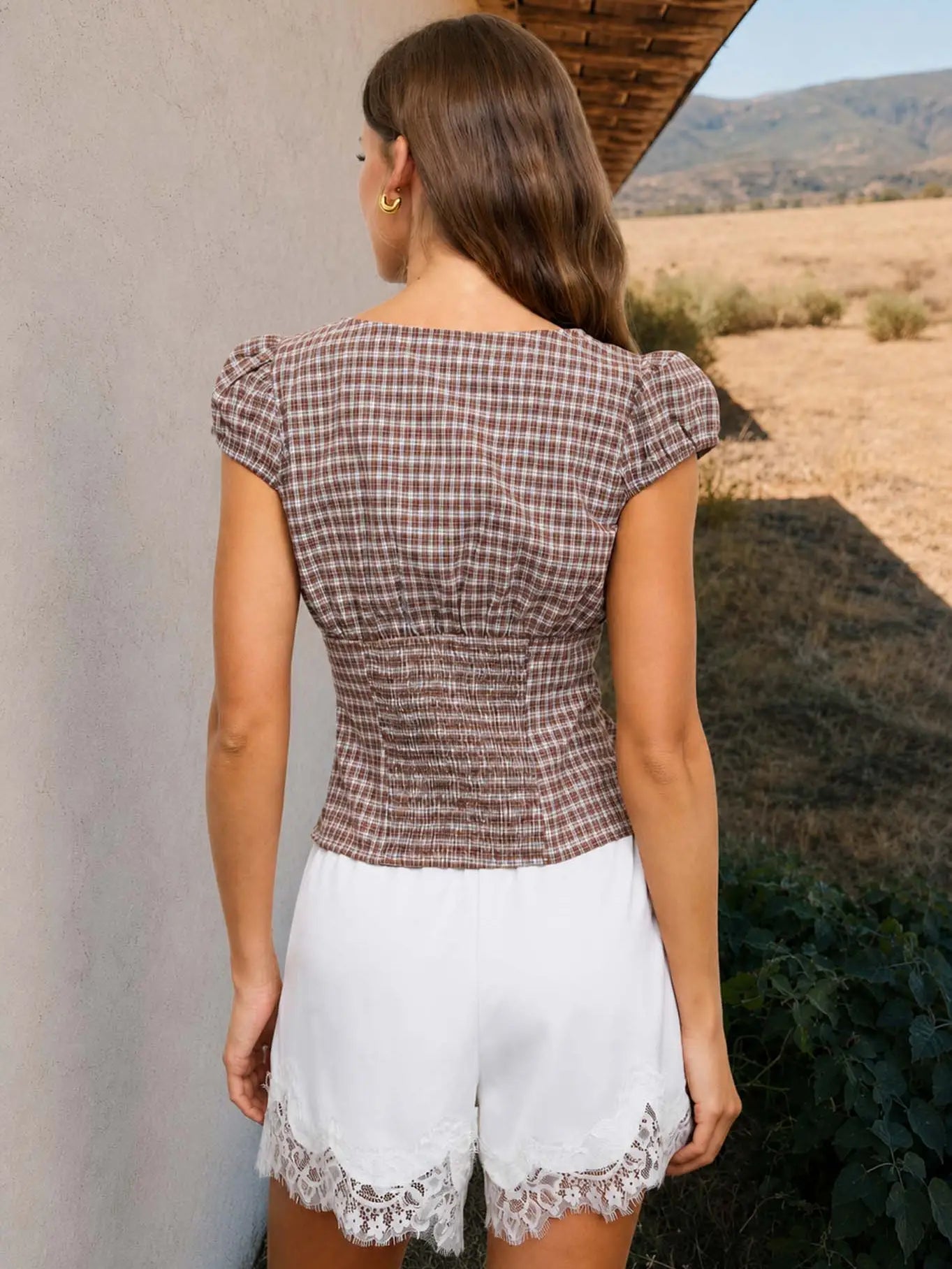 Brown Plaid Cinched Top