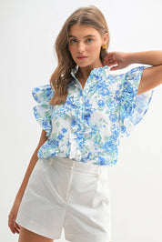 Blue Floral Ruffle Frilly Blouse