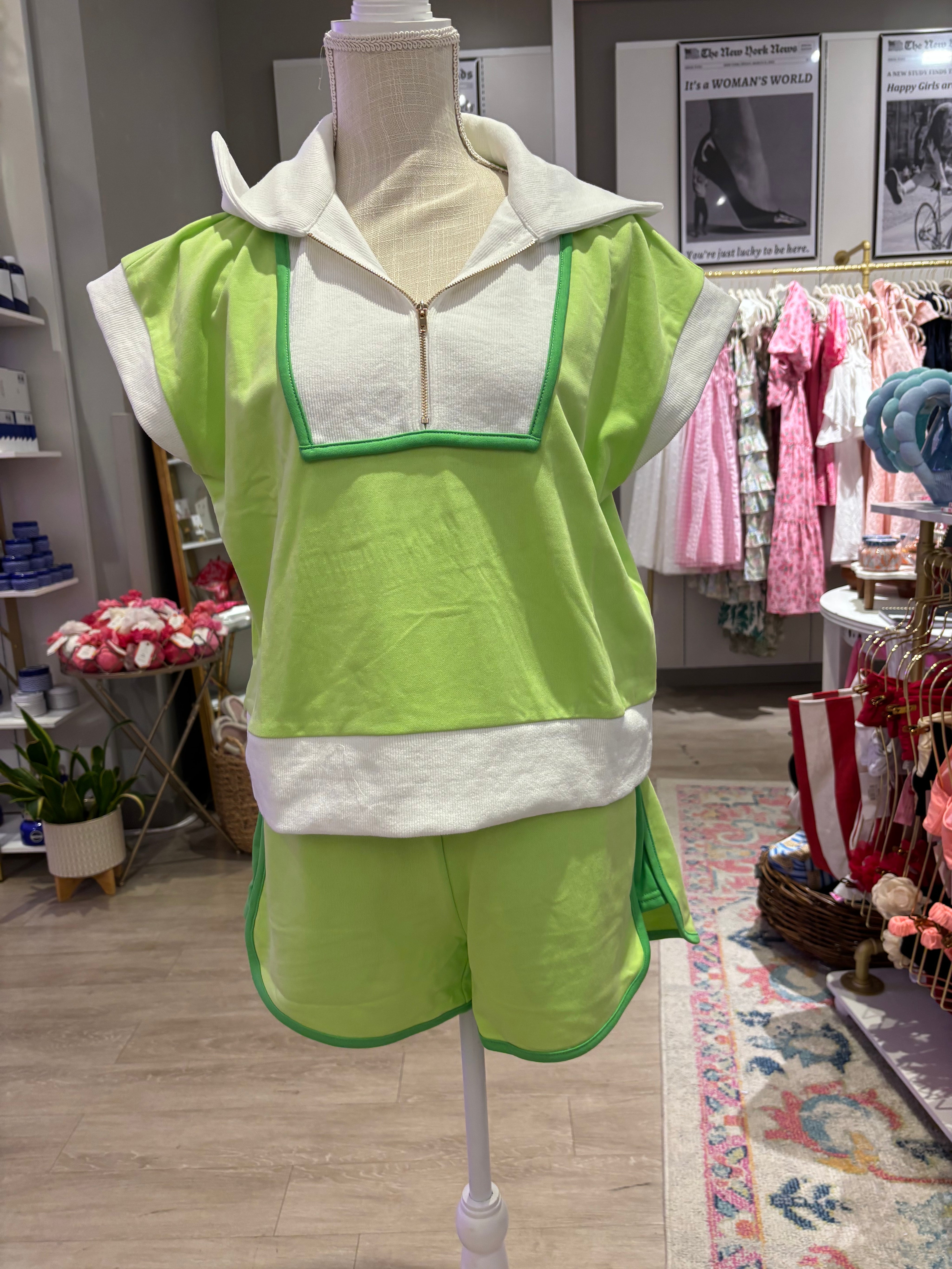 Lime Color Block Shirt & Shorts Set