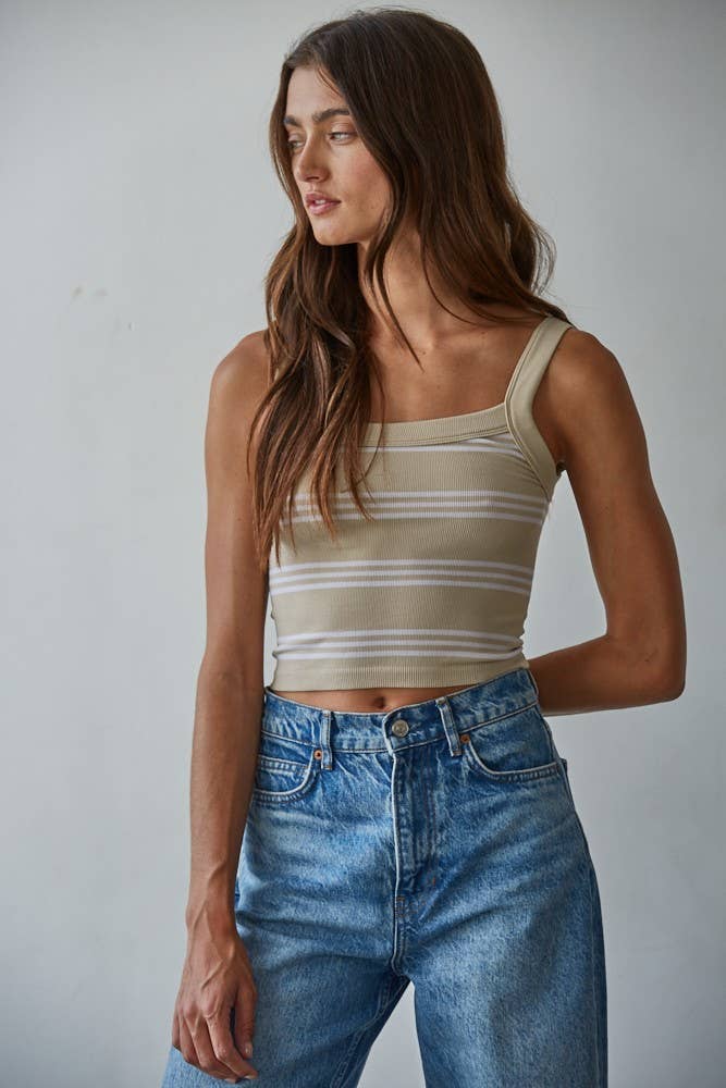 Beige Striped Ribbed Tank