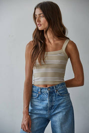 Beige Striped Ribbed Tank