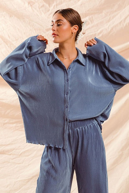 Blue Pleated Top & Pants Set