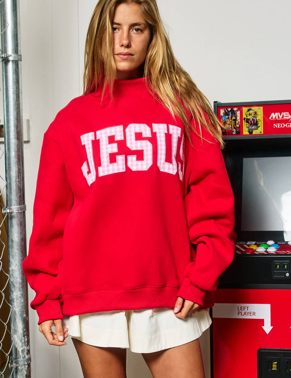 Red & Pink Gingham Jesus Mockneck — "JESUS" pink gingham applique and mock neckline