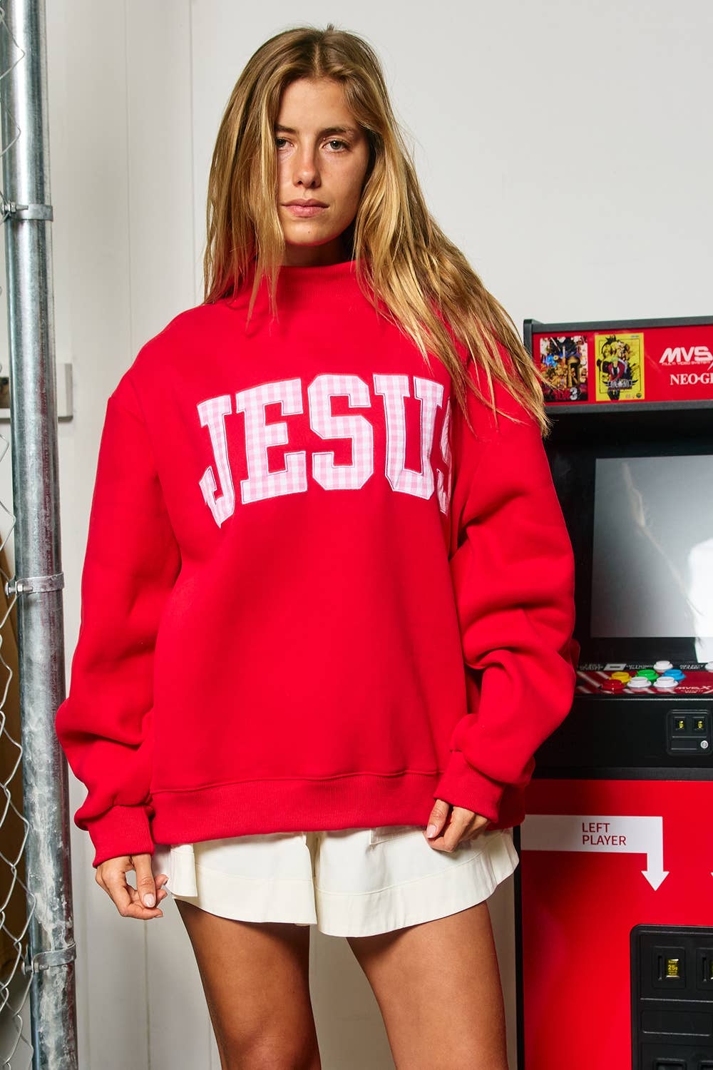 Red & Pink Gingham Jesus Mockneck
