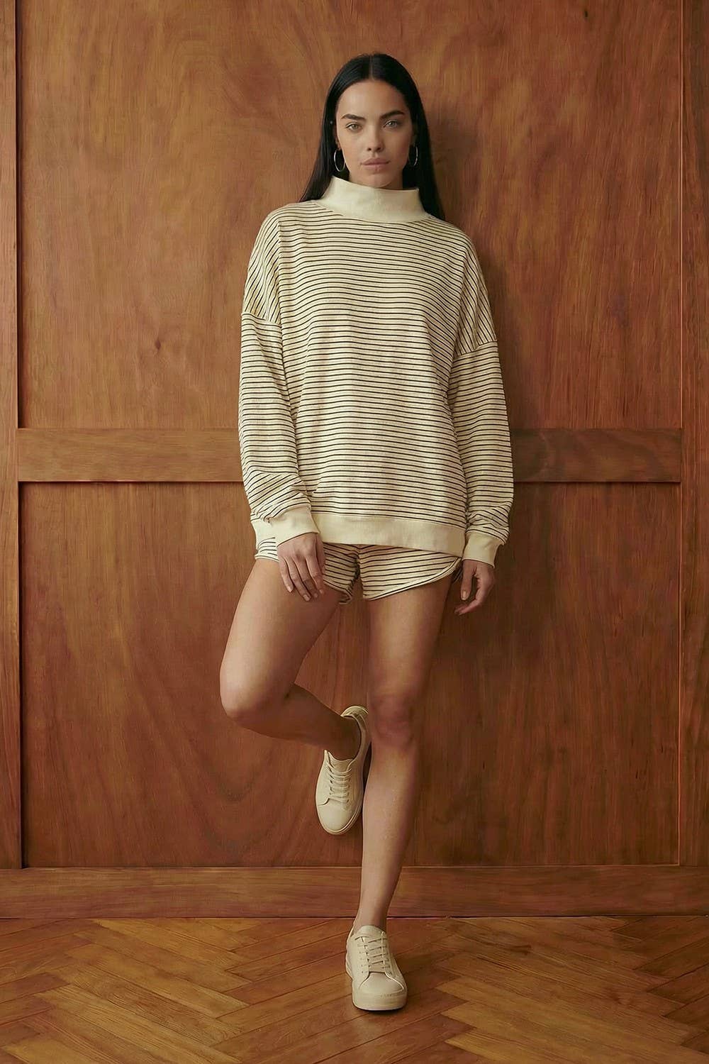 Cream Striped MockNeck Sweatshirt