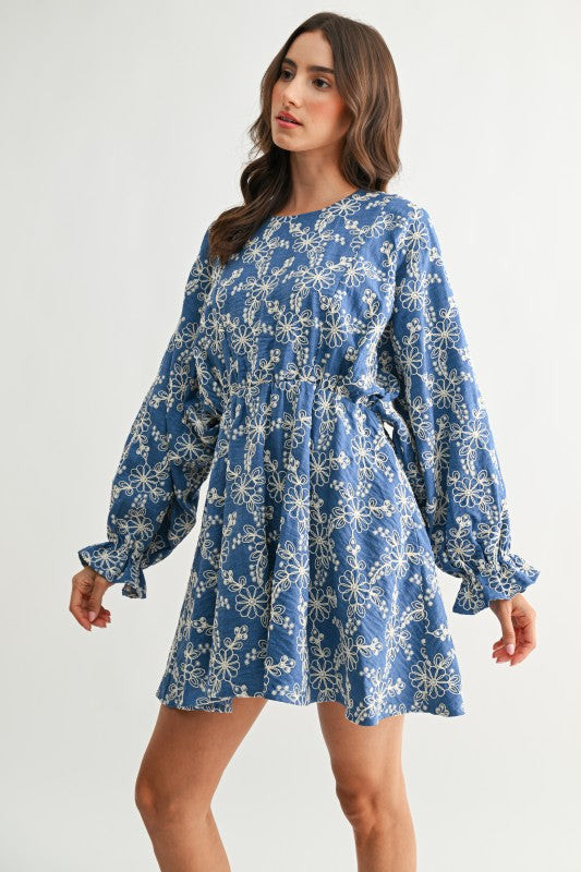 Blue Embroidered Long Sleeve Mini Dress