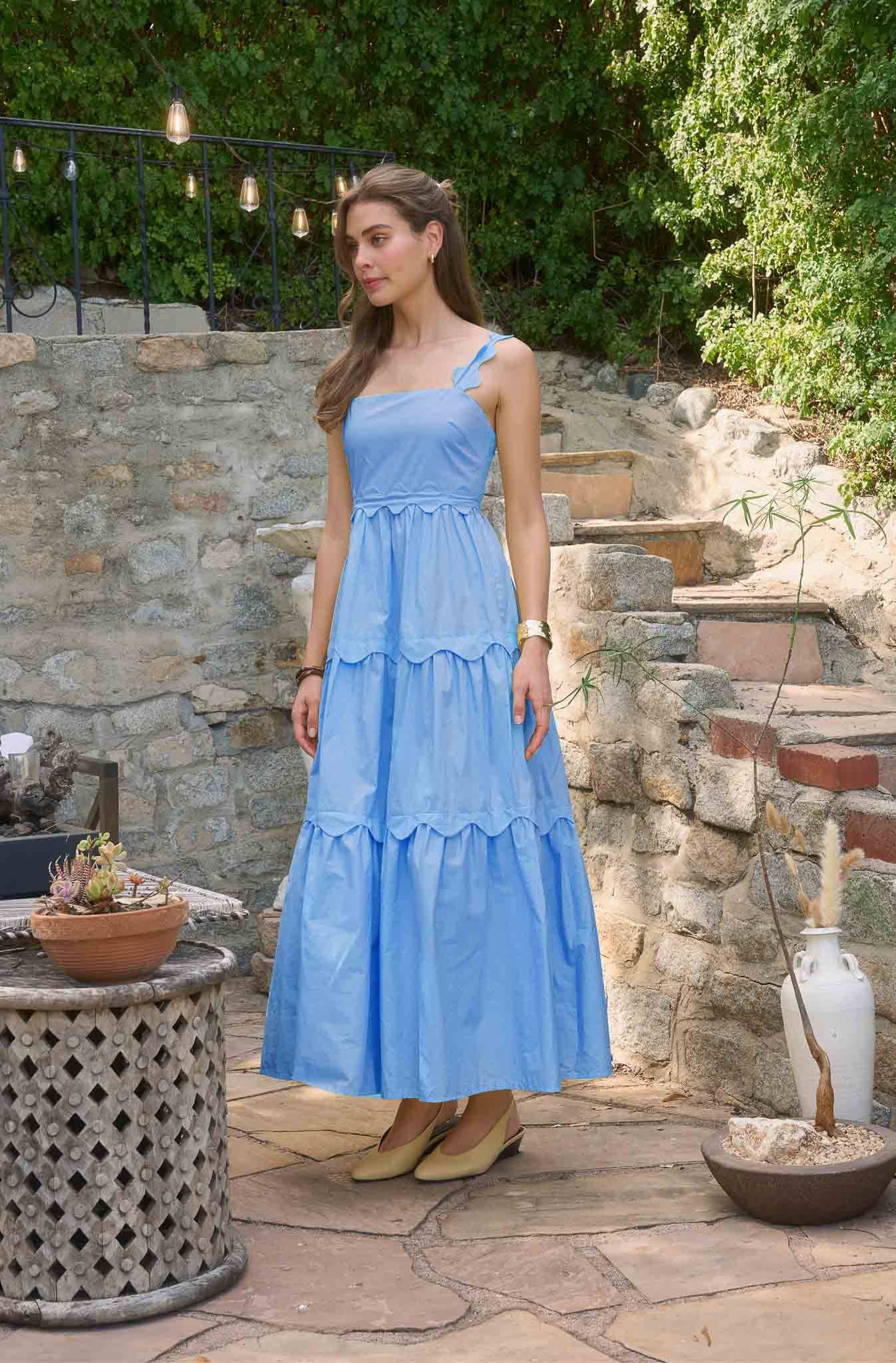 Blue Scallop Midi Dress