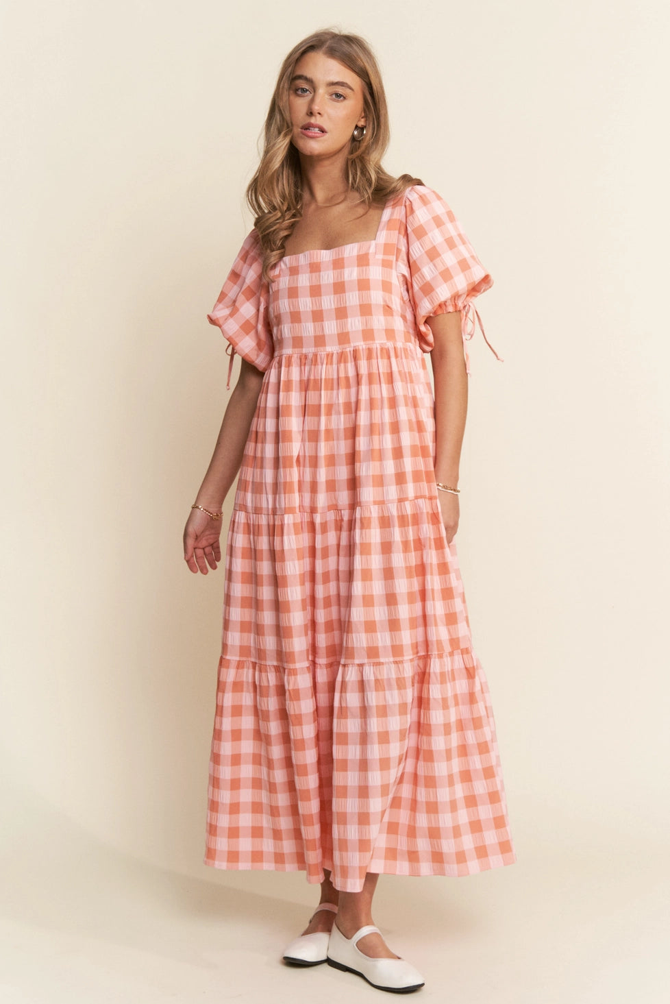 Salmon Checker Puff Sleeve Maxi Dress