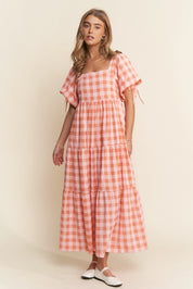 Salmon Checker Puff Sleeve Maxi Dress