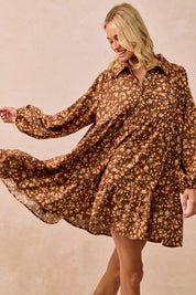Brown Floral Print Corduroy Dress
