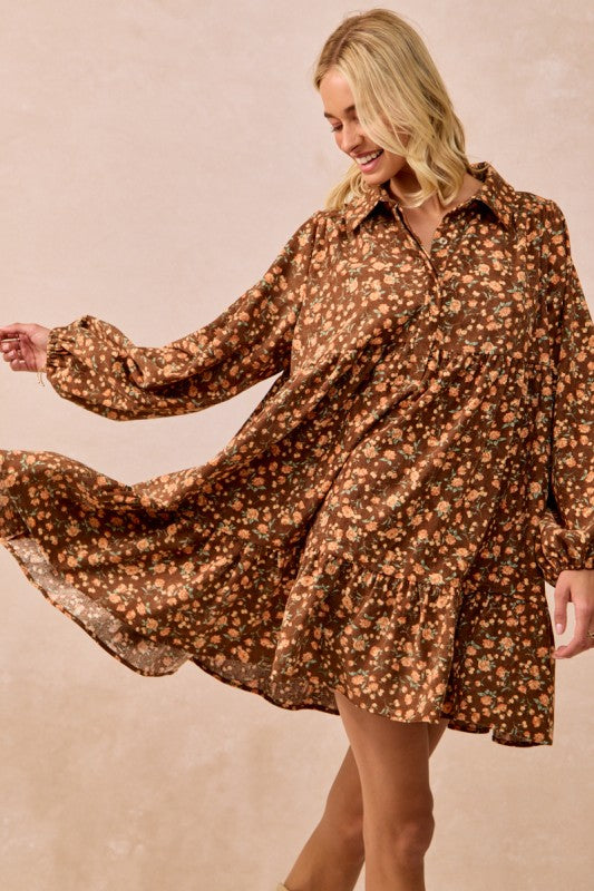 Brown Floral Print Corduroy Dress