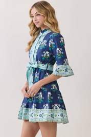 Floral Print Tiered Mini Dress with Waist Tie