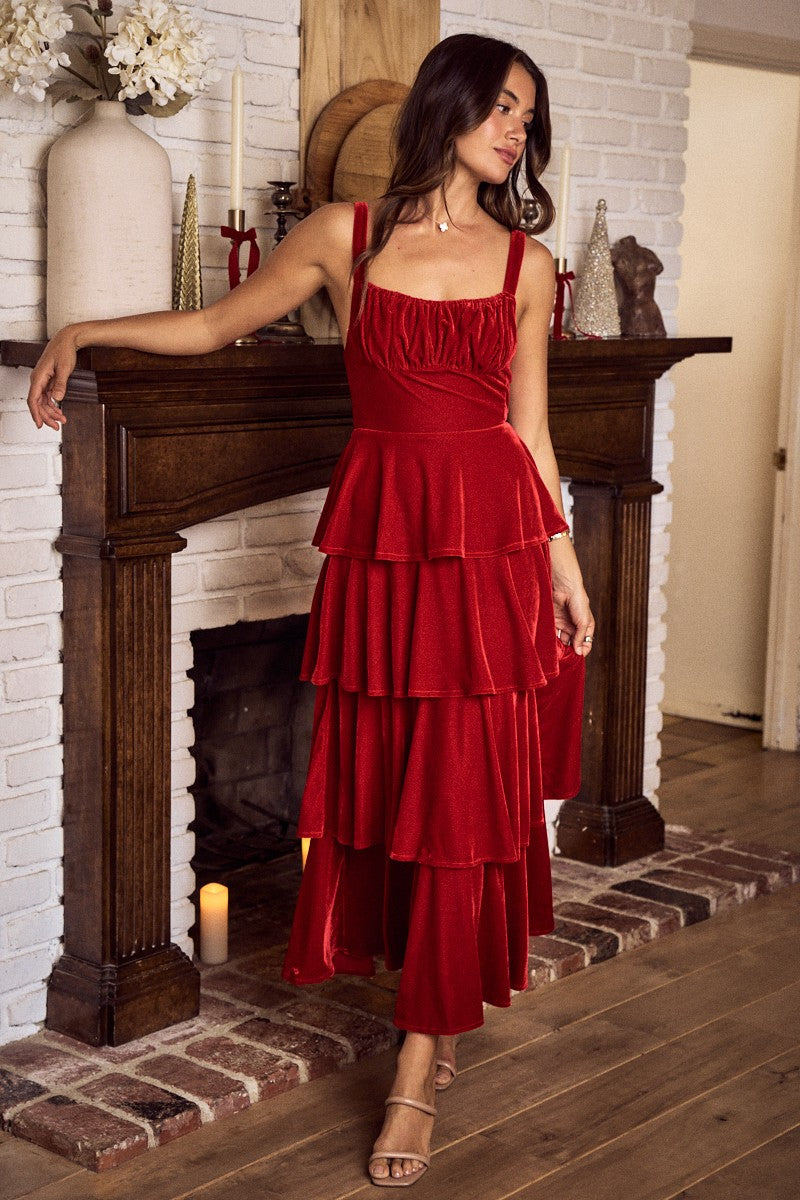 Red Velvet Holiday Christmas Tiered Maxi Dress