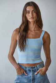 Blue Seamless Ribbed Striped Top