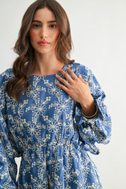 Blue Embroidered Long Sleeve Mini Dress