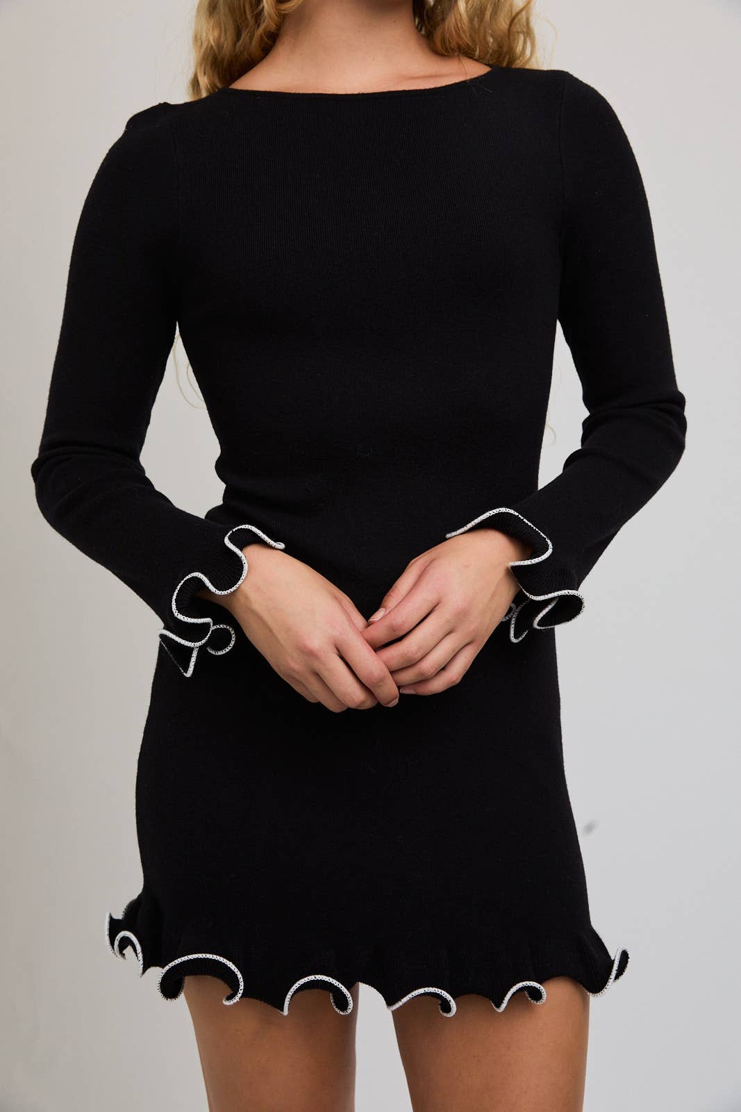 Black Boat Neck Ruffle Hem Sweater Dress