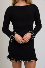 Black Boat Neck Ruffle Hem Sweater Dress