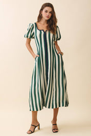 Green Striped Square Neck Midi Dress