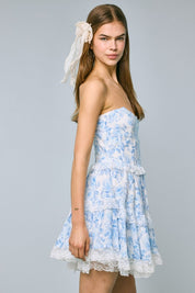 Blue Floral Corset Lace Mini Dress