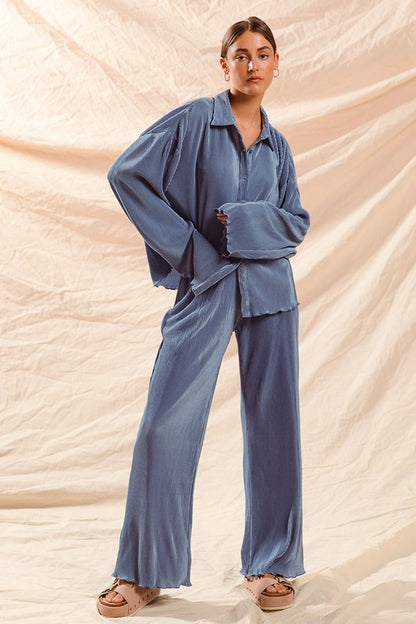 Blue Pleated Top & Pants Set