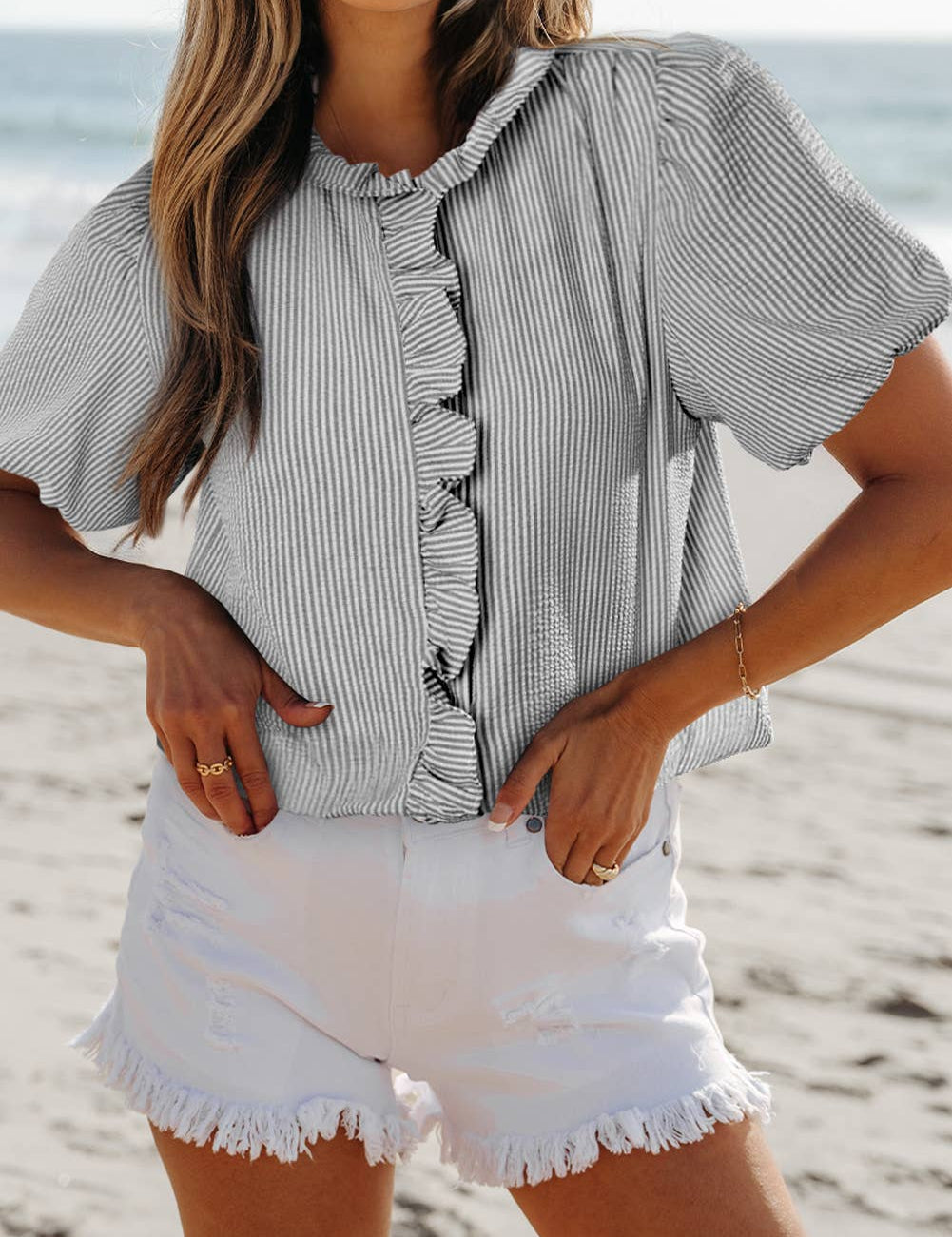 Black Striped Ruffled Blouse