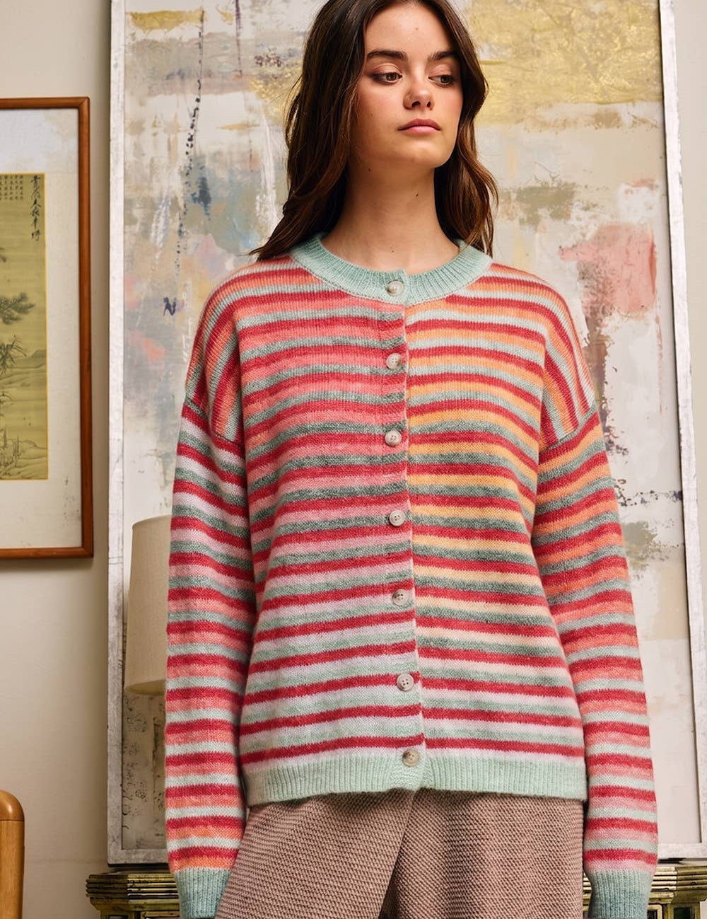 Red Space-Dye Striped Cardigan