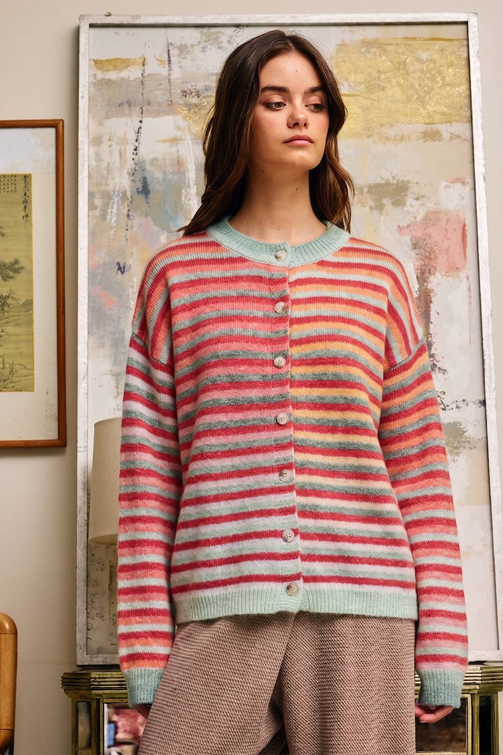 Red Space-Dye Striped Cardigan