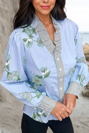 Blue Ruffled Floral Blouse