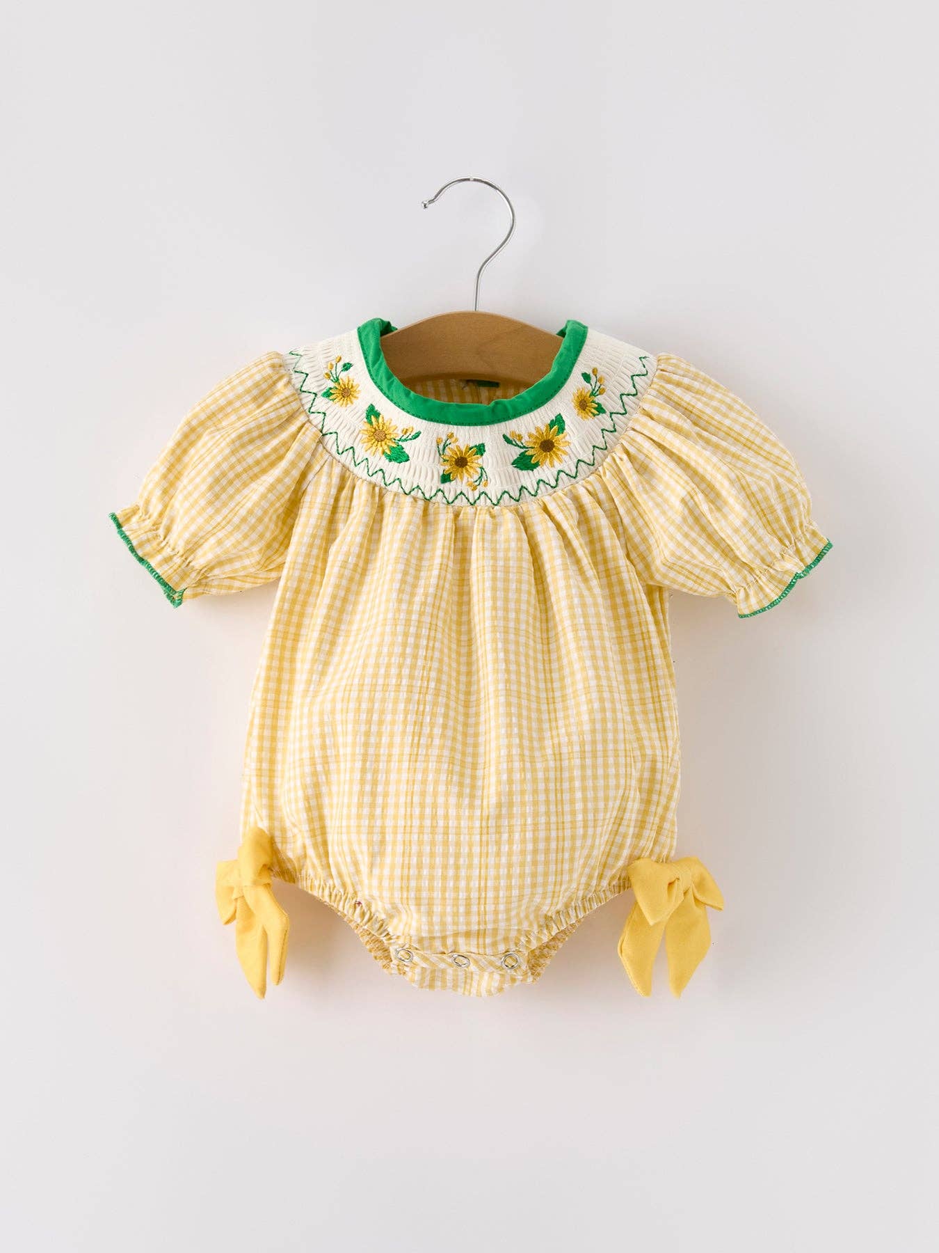 Yellow Plaid Floral Smocking Embroidered Baby Girl Romper